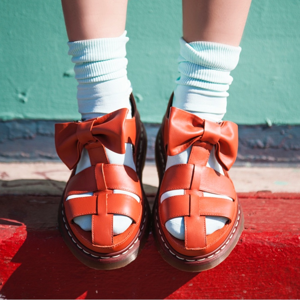 Dr. Martens X Agyness Deyn Aggy Bow Platform Sandal in Red/Orange Leather Size 9